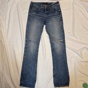 Silver Jeans Co Suki Mid Slim Boot Jeans W27 L31 Distressed Knee Stretch Denim